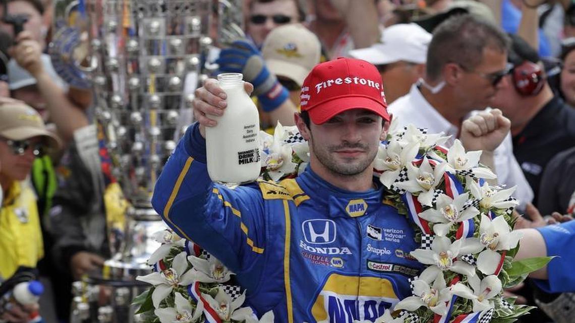 Alexander Rossi celebrates after winning the 100th running of the Indianapolis 500 auto race at Indianapolis Motor Speedway in Indianapolis, on May 29.