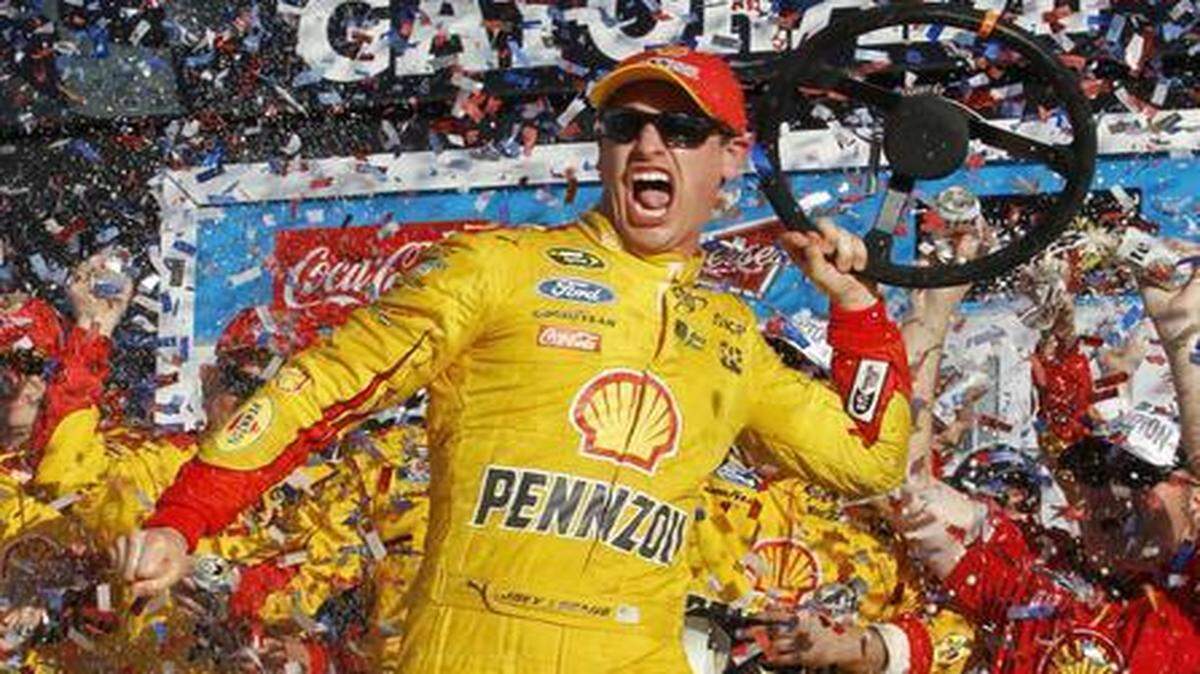 
Joey Logano celebrates in Victory Lane after winning the Daytona 500  in Daytona Beach, Fla., on Sunday. 
