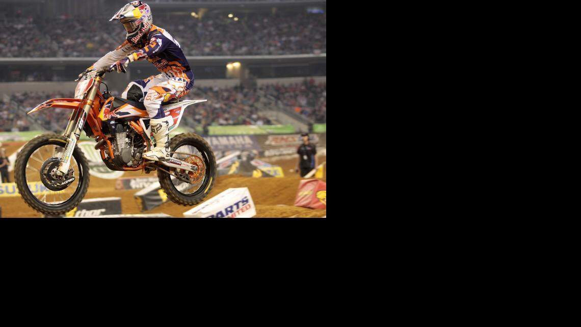 
Ryan Dungey races in one of the 450 SX heats on Feb. 14, 2015, at AT&T Stadium in Arlington. Riders in the 250SX and 450 SX events in the Monster Energy AMA Supercross came to Arlington for Round 7.
