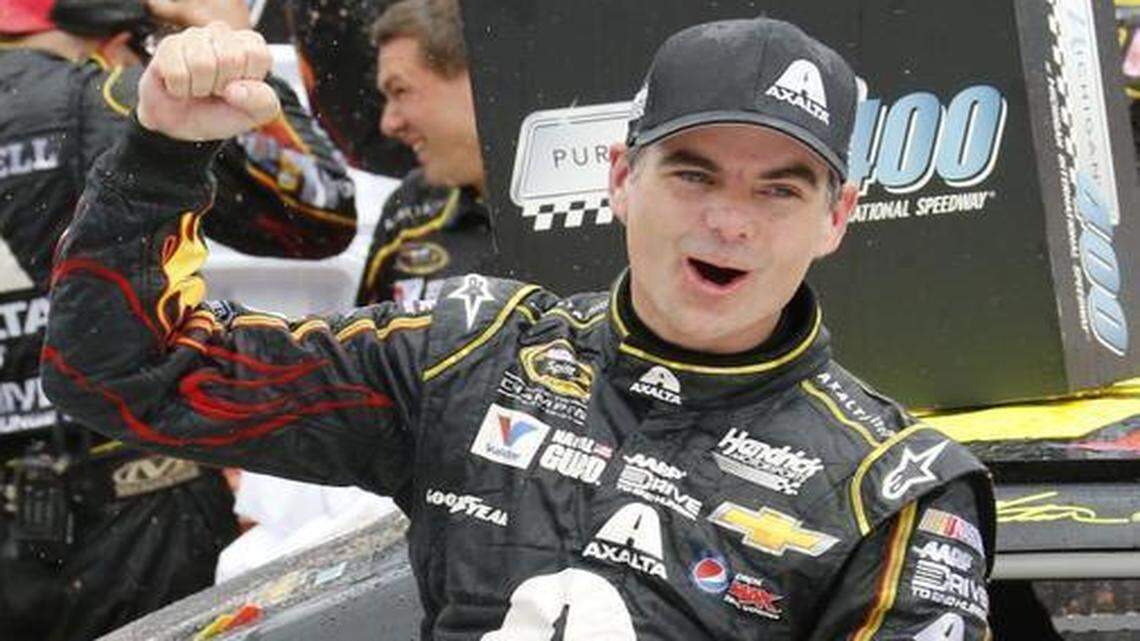 
Jeff Gordon celebrates his victory after the NASCAR Sprint Cup Series Pure Michigan 400 at Michigan International Speedway in August. 
