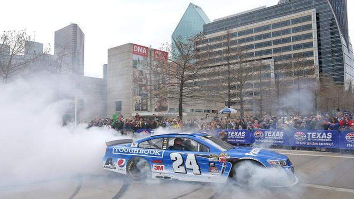 
Gordon did donuts and a long, smoky burnout during a promotional stop Thursday in downtown Dallas.
