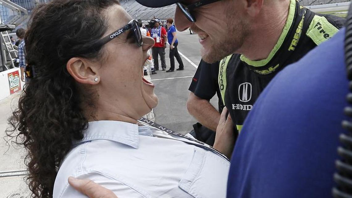 Kathleen Kimball reacts as husband Charlie Kimball’s qualifying time stands for pole for the Rainguard Water Sealers 600 during Verizon IndyCar Series qualifying at Texas Motor Speedway, Friday, June 9, 2017.