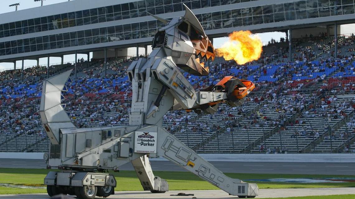 Dinosaur robot Robosuarus, spitting fire at Texas Motor Speedway in 2004, returns for a pre-race appearance this year.