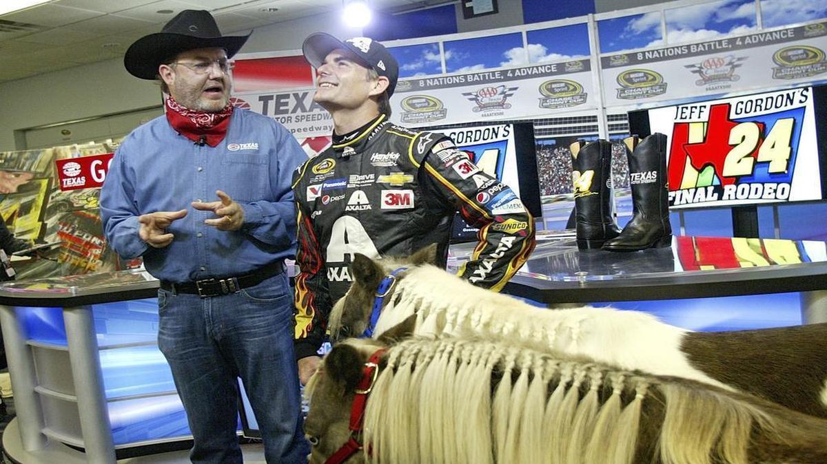 Jeff Gordon, right, said he is warming up to the two Shetland ponies given to him by TMS president Eddie Gossage as a retirement present.