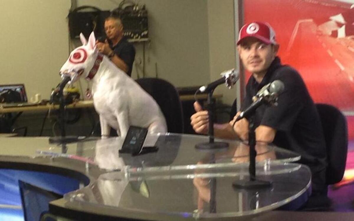 Bullseye, the canine mascot for Target, was on hand with NASCAR Sprint Cup driver Kyle Larson for the opening of two dog parks at TMS, one for fans and one for racing owners and drivers.