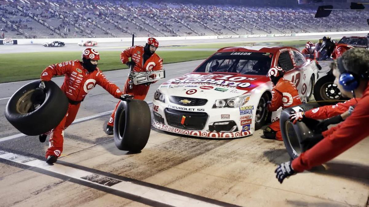 Kyle Larson’s pit crew services the No. 42 Chevrolet during November’s AAA Texas 500 at Texas Motor Speedway.