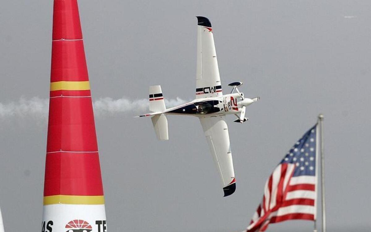 
Matthias Dolderer  maneuvers his Edge 540 V3 during the Red Bull Air Race World Championship 2015 at Texas Motor Speedway. 
