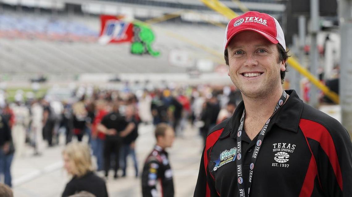 Brent Folan, whose social media posts of selfies taken with Olympic athletes in Rio went viral, poses for a photo before the start of the O’Reilly Auto Parts Challenge at Texas Motor Speedway on Saturday.