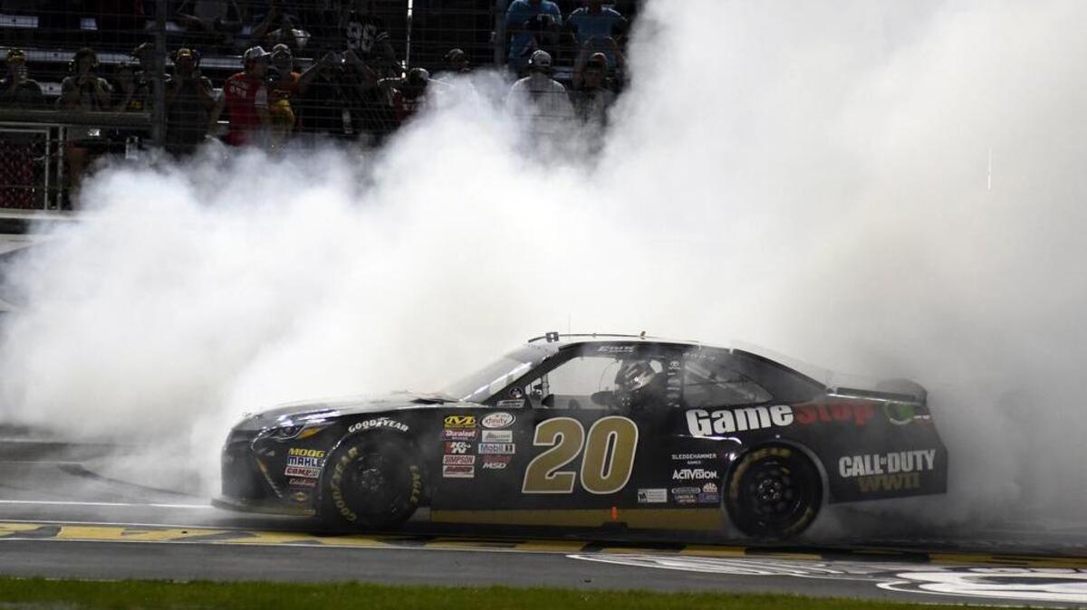 Erik Jones celebrates after his Xfinity Series victory Saturday at Texas Motor Speedway.