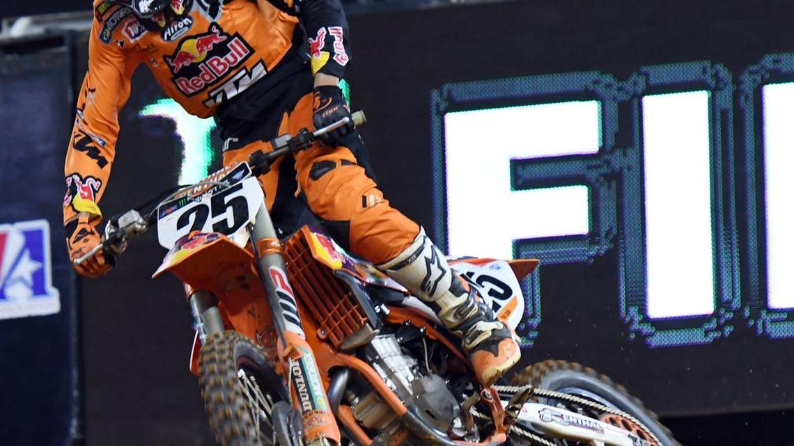 Marvin Musquin takes flight from the final jump on the course to finish a lap on his way to win the 450SX Monster Energy AMA Supercross Saturday February 11, 2017 at AT&T Stadium in Arlington, Texas.