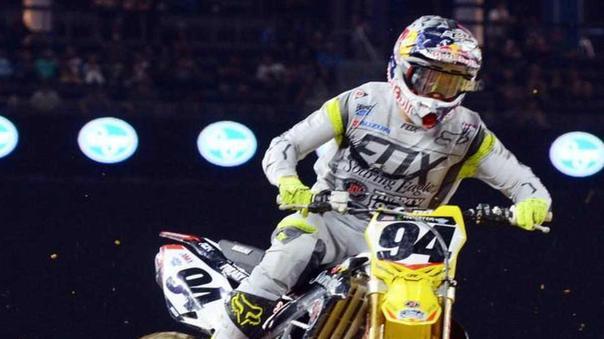 Ken Roczen, top right, takes a jump ahead of the field in the second heat, and he went on to win the 450SX main.