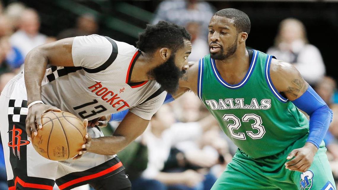 James Harden, left, and the Rockets trail Wesley Matthews and the Mavericks by one game in the Western Conference playoff race.