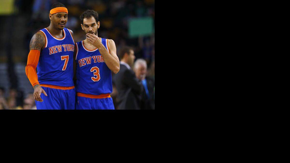 
Former Maverick Jose Calderon, right, with Carmelo Anthony, had 21 points and 10 rebounds against his old team Nov. 26 in a game won by Dallas in overtime.


