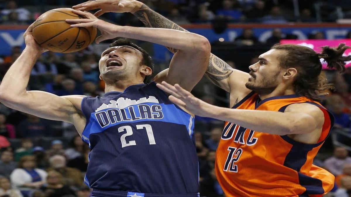 Mavericks center Zaza Pachulia, left, in action Sunday against the Thunder and Steven Adams, already has eight double-doubles this season while averaging only 21.5 minutes per game.
