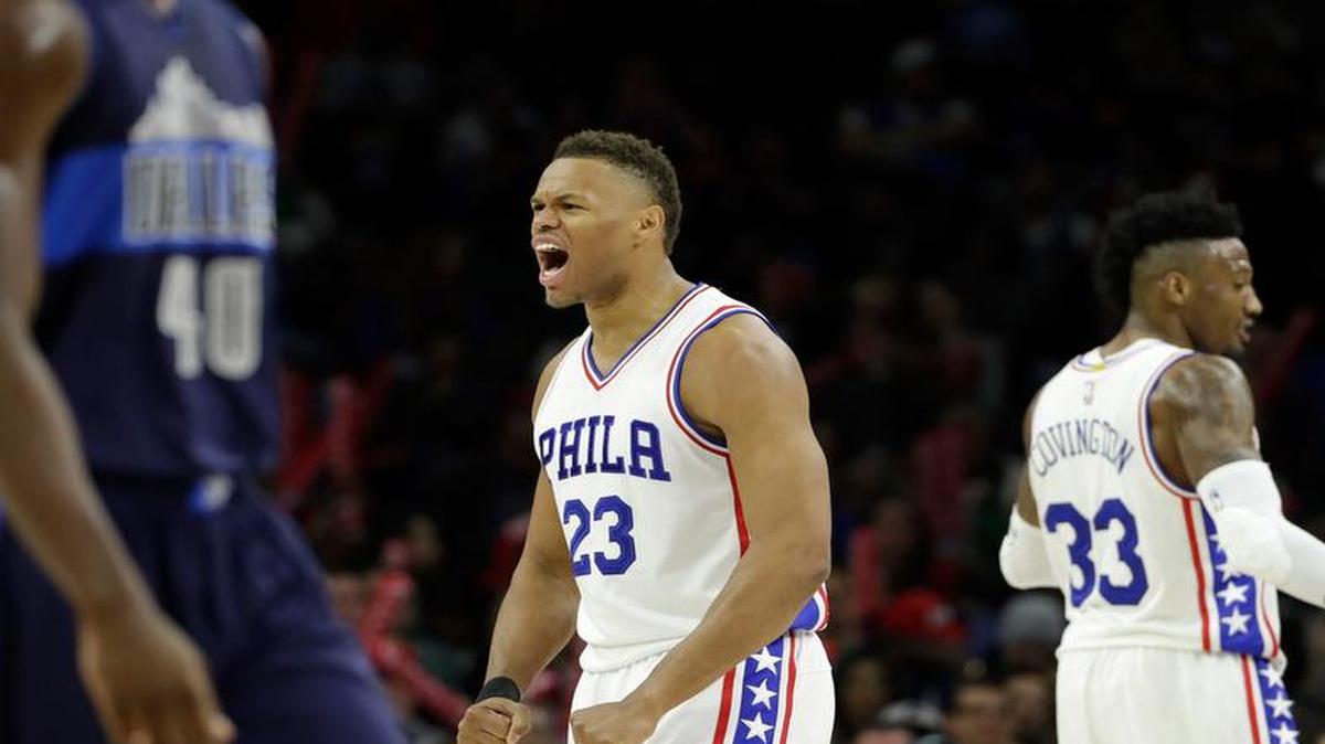 Philadelphia 76ers' Justin Anderson (23) reacts after a basket during the second half of an NBA basketball game against the Dallas Mavericks, Friday, March 17, 2017, in Philadelphia. Philadelphia won 116-74.