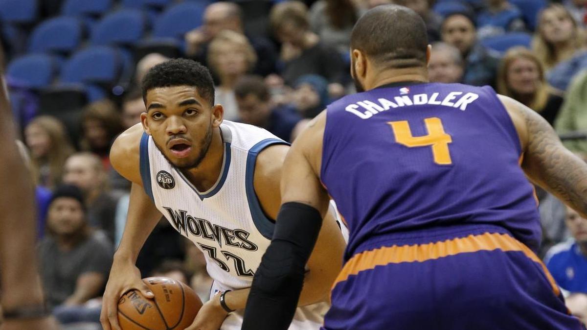 Timberwolves rookie center Karl-Anthony Towns, left, averages 15.5 points, 9.5 rebounds and 1.7 blocks entering Wednesday’s matchup against the Mavericks in Dallas.