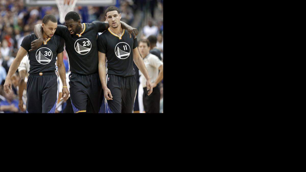 
Golden State All-Star guards Stephen Curry, left, and Klay Thompson, right, should get added support Saturday night against the Dallas Mavericks with the return of forward Draymond Green, middle, who missed the past three games with shin inflammation. 
