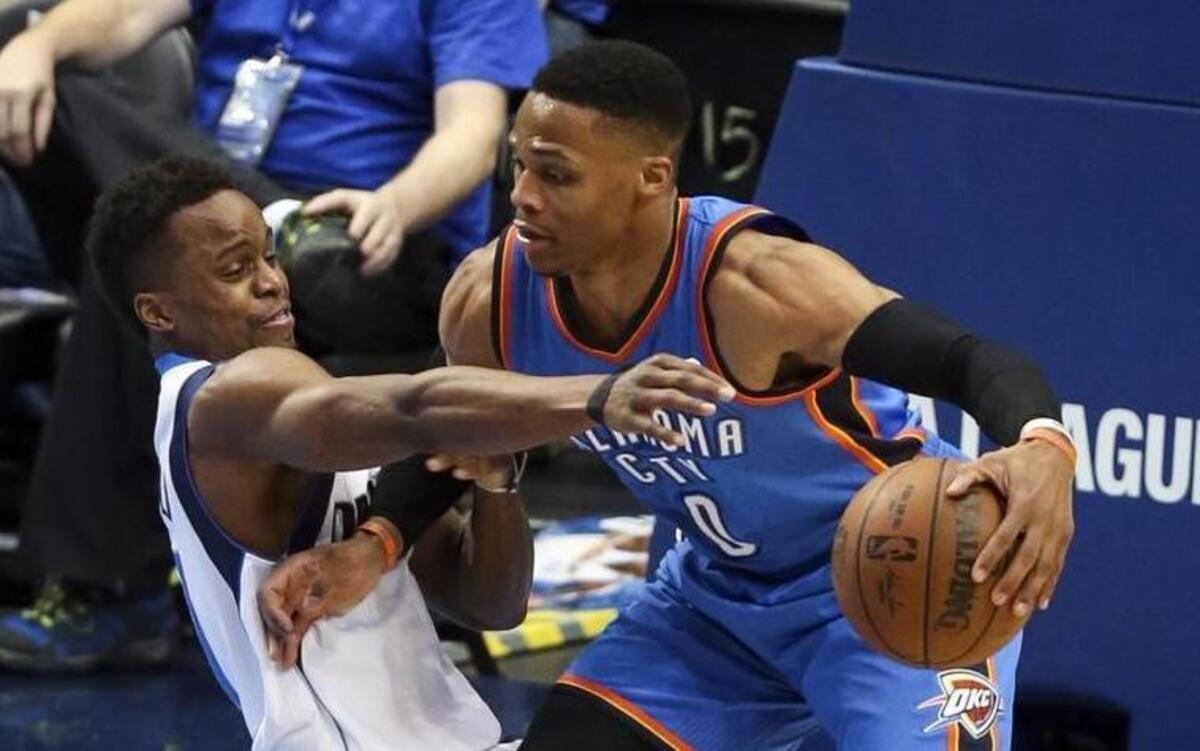 Dallas Mavericks guard Yogi Ferrell tries to defend against Oklahoma City Thunder guard Russell Westbrook in an NBA basketball game at American Airlines Center in Dallas, Sunday, March 5, 2017. Westbrook had 29 points wasn’t close to a triple double.