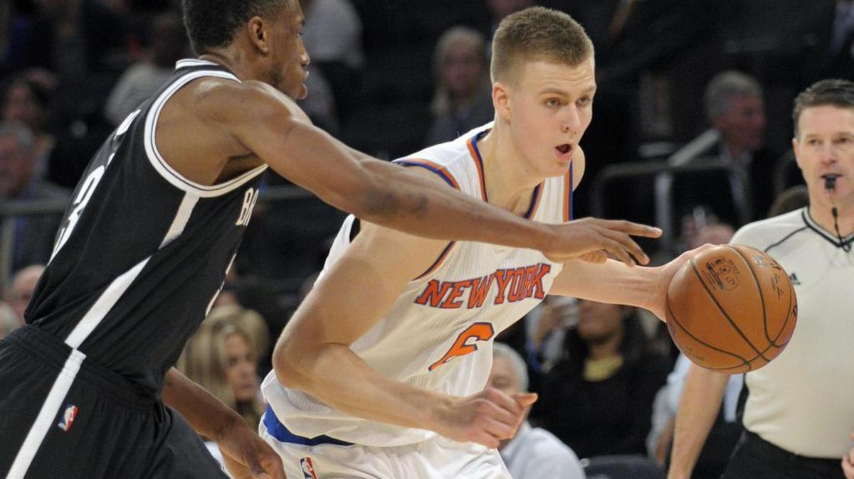 Rookie Kristaps Porzingis, right, is averaging 14 points and and 9.2 rebounds per game for the Knicks.