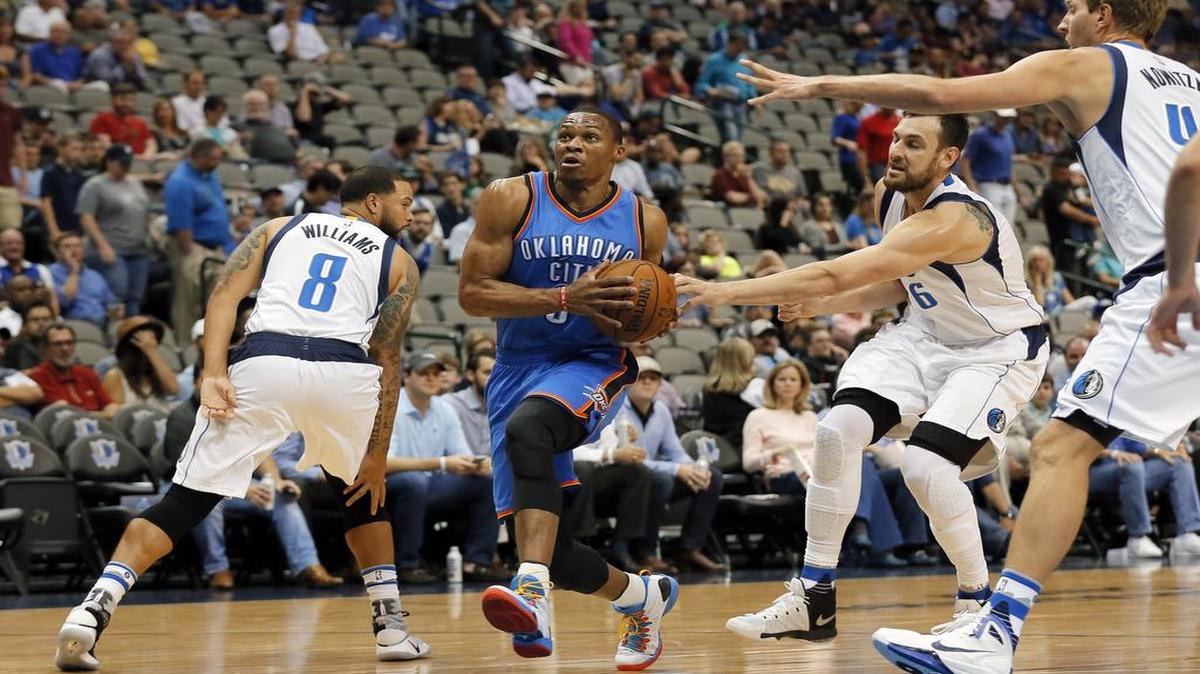 Oklahoma City guard Russell Westbrook parted the Dallas Mavericks’ defense easily on this play in the preseason. Westbrook, who averages a triple-double, and the Thunder host the Mavericks at 7 p.m. Thursday on TNT.