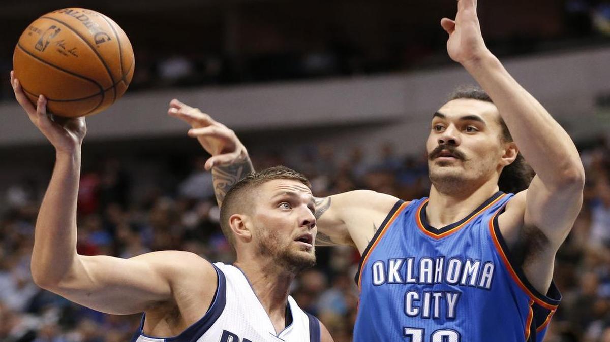 Dallas Mavericks forward Chandler Parsons, shooting against Oklahoma City Thunder center Steven Adams, has shot 54 percent from the field over his last 20 games.
