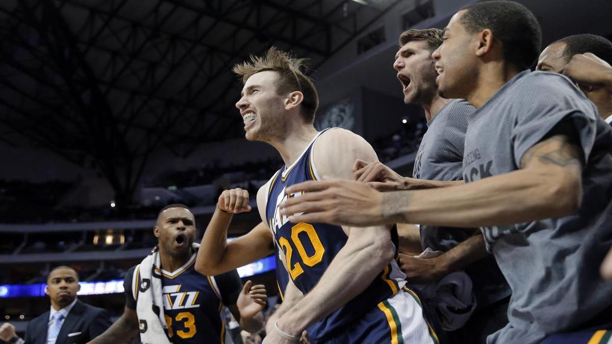 Gordon Hayward celebrates after his buzzer-beating shot in overtime helped the Jazz sink the Mavericks 121-119 on Feb. 9 in Dallas. The teams meet again Monday in Salt Lake City with playoff implications on the line.