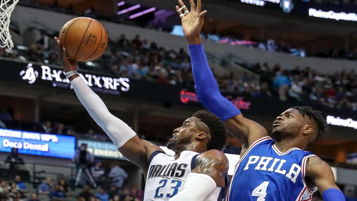 Dallas Mavericks guard Wesley Matthews, left, won’t have to worry about Nerlens Noel blocking his shot anymore since Noel was traded to Dallas on Thursday. Noel is scheduled to make his Mavericks debut at 7:30 p.m. Saturday.