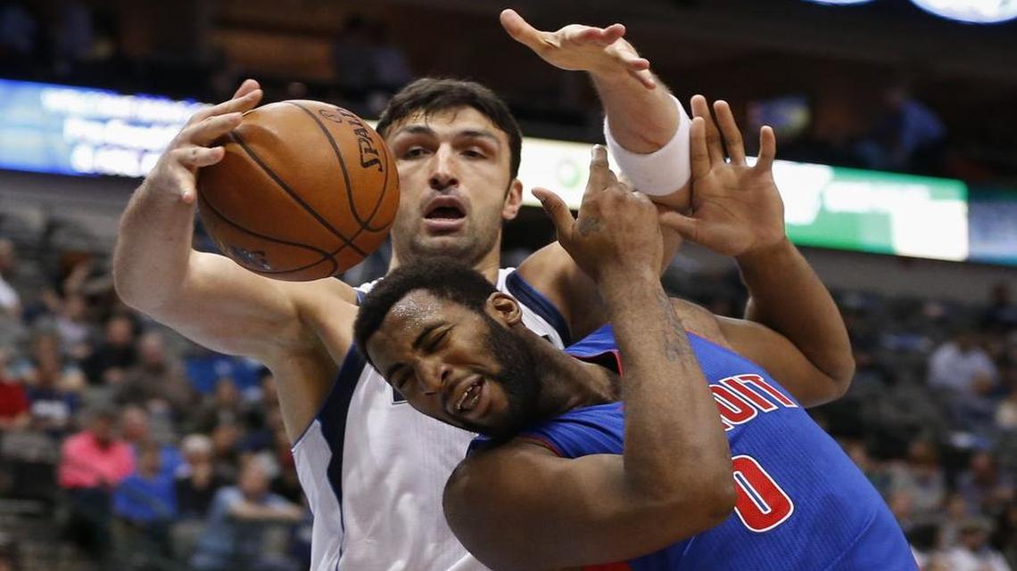 Center Andre Drummond, right, torched the Mavericks and Zaza Pachulia for 25 points and 17 rebounds on March 9 as the Pistons won 102-96 in Dallas. The teams meet again Friday in Detroit (6:30 p.m., FSSW).