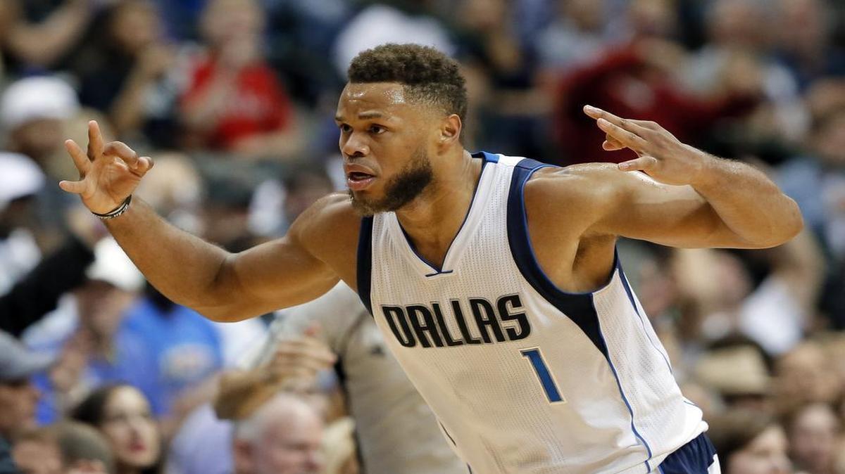 Swingman Justin Anderson celebrates after hitting a 3-pointer against Oklahoma City in the first round of the playoffs. Anderson, a rookie last season, came on strong for the Mavericks down the stretch last season and is expected to play a big role this season.