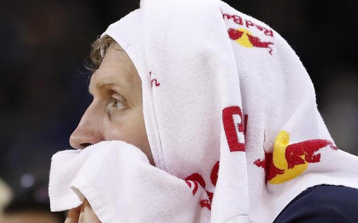 Dallas Mavericks forward Dirk Nowitzki sits on the bench during the second half against the Golden State Warriors in Oakland, Calif., Friday, Dec. 30, 2016. The Warriors won 108-99. Nowitzki played 23 minutes and scored 11 points in his fourth game played since returning from an Achilles injury.