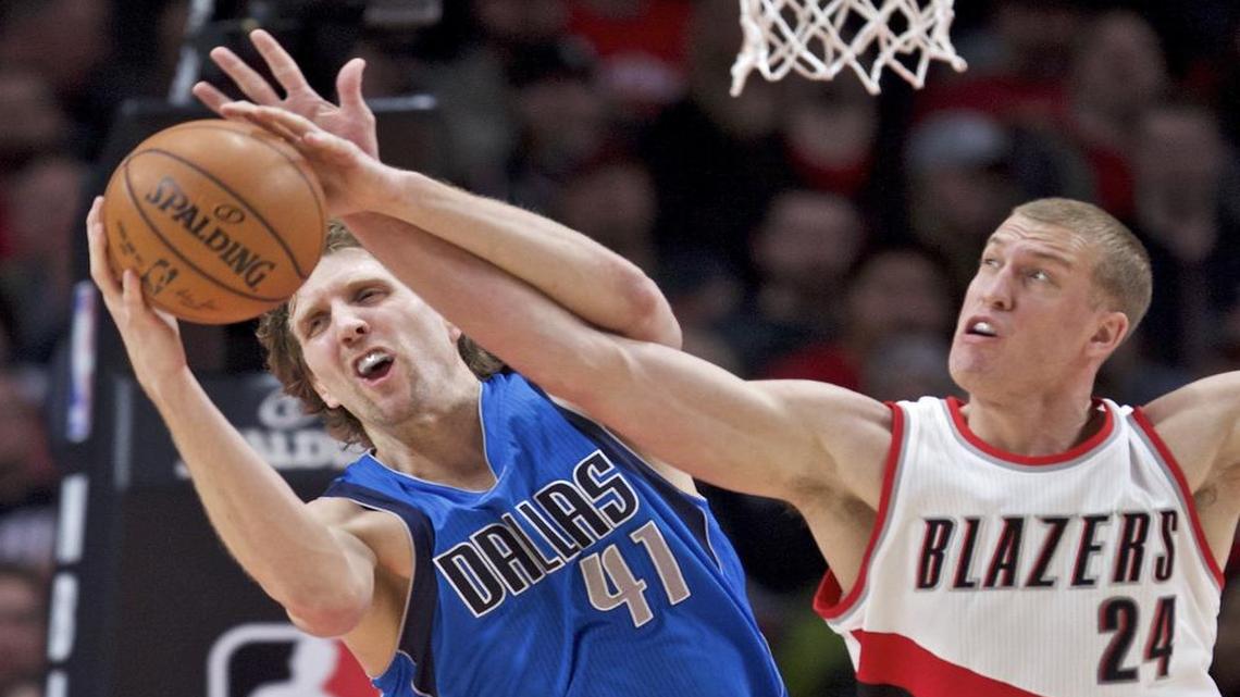Dirk Nowitizki, left, and the Mavericks secured their fourth consecutive victory Friday against Mason Plumlee and the Trail Blazers. On Monday, the Mavs go for five as they take on the Nuggets in Denver. Game time is 8 p.m. on Fox Sports Southwest.