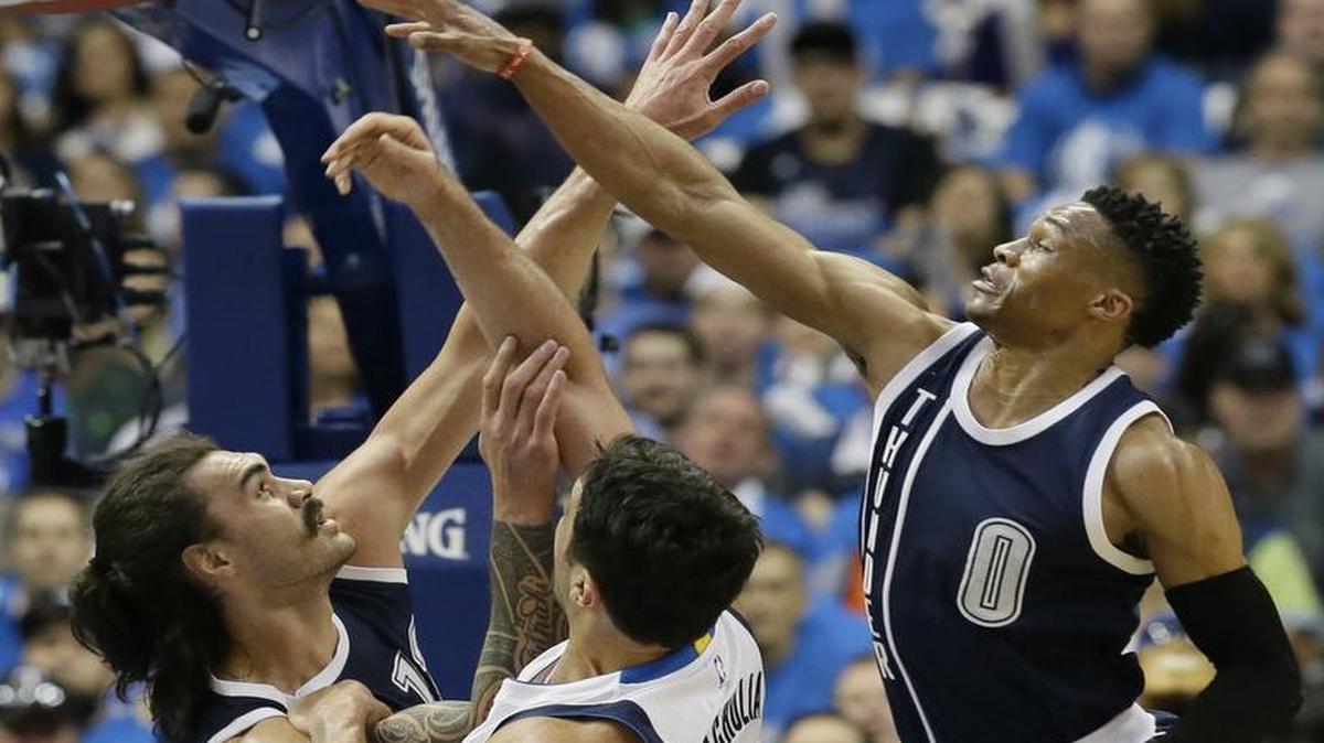 Steven Adams, left, Russell Westbrook, right, and the Thunder were too much for Zaza Pachulia and the Mavericks to handle in the first round of the playoffs. )