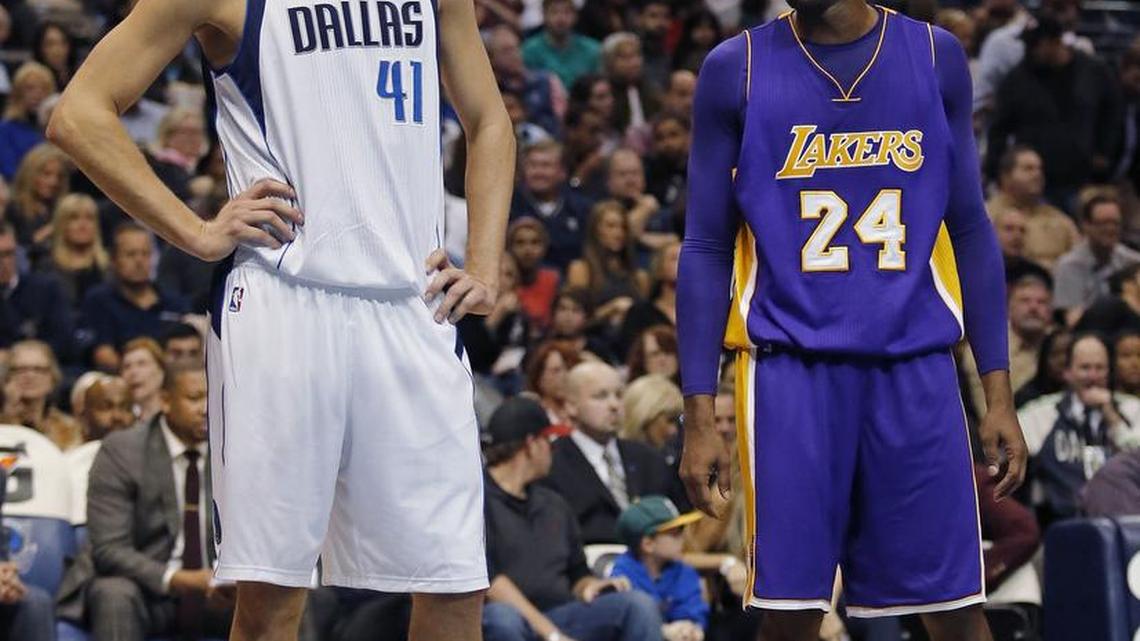 Kobe Bryant, right, played his last game in Dallas against Dirk Nowitzki and the Mavericks on Nov. 13.
