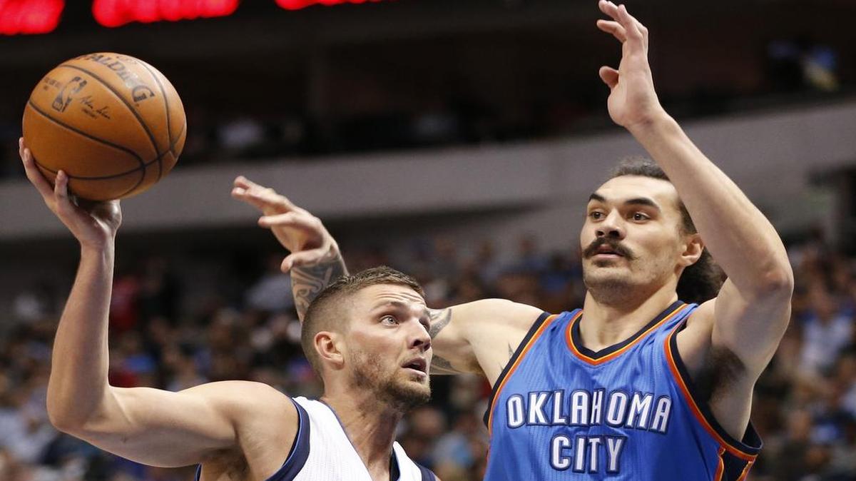 Mavericks forward Chandler Parsons, left, had averaged 22.3 points the previous four games but managed only six in Wednesday’s loss to the Thunder and center Steven Adams.