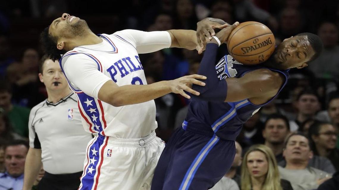 Friday night’s game against the Philadelphia 76ers was a painful experience for the Dallas Mavericks, and not just because of this collision between Philly’s Jahlil Okafor, left, and Mavs’ Harrison Barnes. The 116-74 loss was Dallas’ worst of the season.