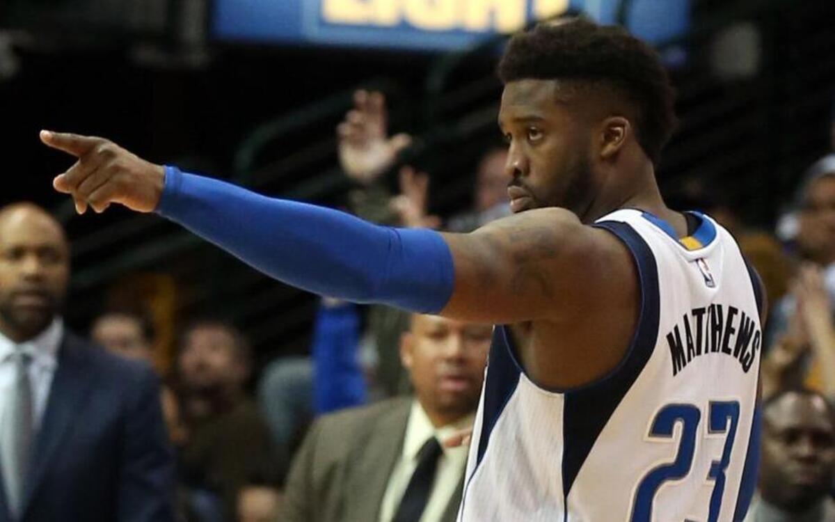 Dallas Mavericks guard Wesley Matthews gestures after sinking a 3-pointer in a recent game.