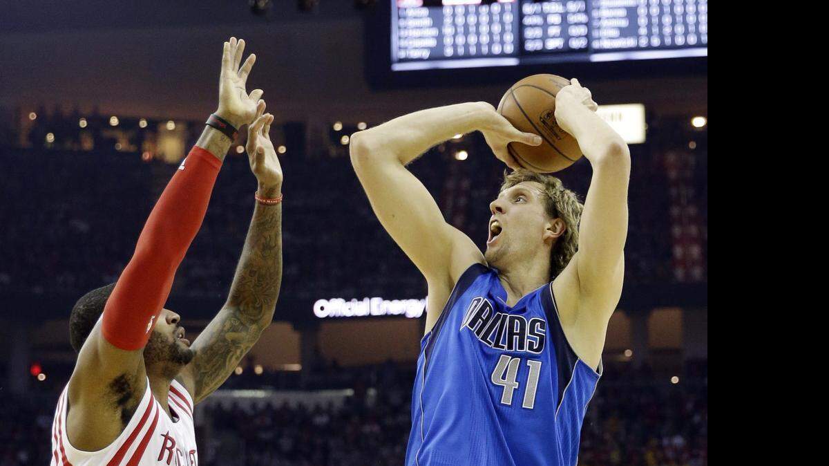 
Dallas Mavericks forward Dirk Nowitzki had a double-double against Houston Tuesday, but struggled with his shot.
