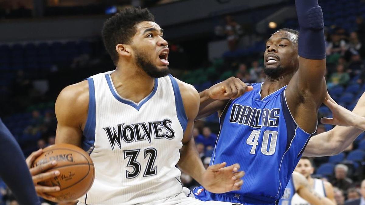Timberwolves center Karl-Anthony Towns, left, had 34 points and 11 rebounds against Harrison Barnes and the Mavericks last Monday. The teams play again at 1 p.m. (FSSW) on Sunday. Minnesota Timberwolves' Karl-Anthony Towns, left, eyes the basket as he drives around Dallas Mavericks' Harrison Barnes during the first quarter of an NBA basketball game Monday, Jan. 9, 2017, in Minneapolis. (AP Photo/Jim Mone)