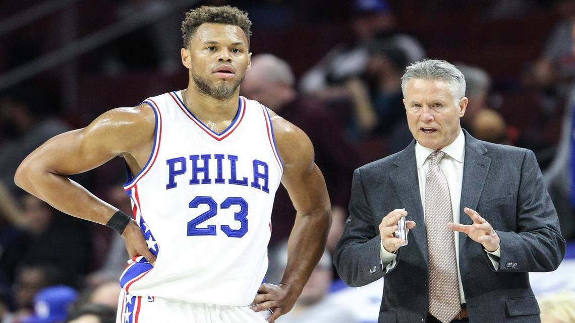 Former Mavericks first-round draft pick Justin Anderson, left, now takes his instruction from Philadelphia 76ers head coach Brett Brown. Anderson was traded last month for Nerlens Noel.