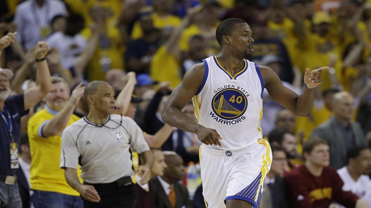 Small forward Harrison Barnes gestures after scoring against the Cleveland Cavaliers in Game 7 of the NBA Finals. Barnes signed a four year $94 million free agent contract with the Dallas Mavericks in the offseason.