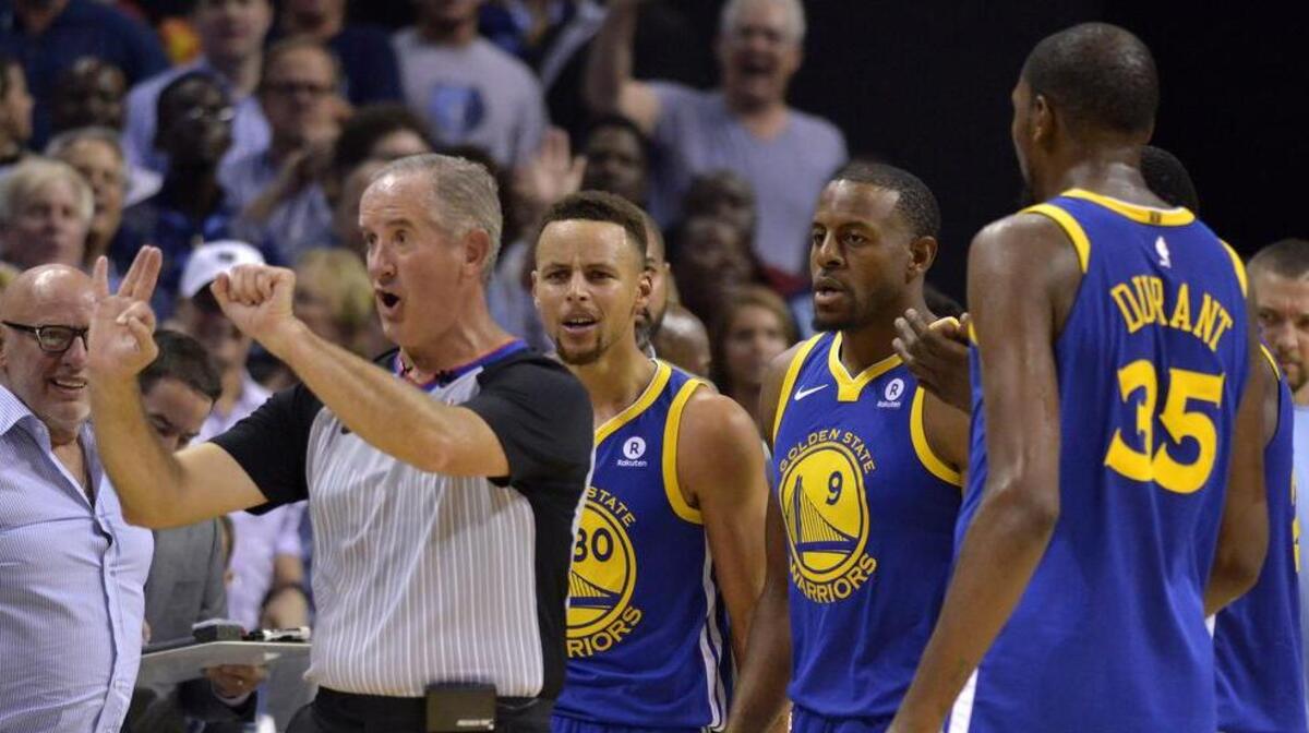 Both Stephen Curry and Kevin Durant of the Golden State Warriors were ejected by referee Scott Wall in the team’s 111-101 loss to the Memphis Grizzlies on Saturday night. (AP Photo/Brandon Dill)