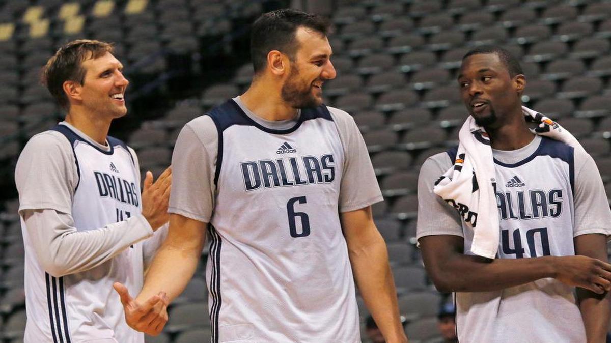 Dirk Nowitzki, left, has reason to smile with the addition of Andrew Bogut, center, and Harrison Barnes this season. The Mavericks open the season at 6 p.m. Wednesday on the road against the Indiana Pacers.