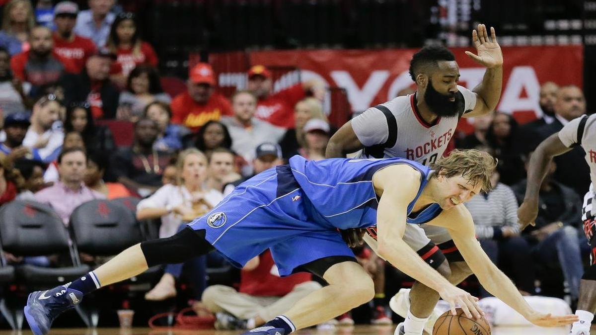 Dirk Nowitzki and the Dallas Mavericks took a tumble against James Harden and the Houston Rockets.