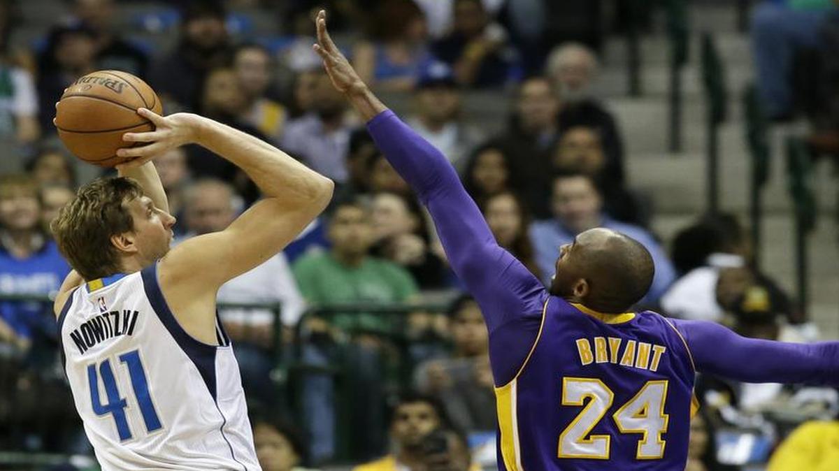 Dirk Nowitzki of the Mavericks, left, and Lakers forward Kobe Bryant, two likely Hall of Famers, went head-to-head perhaps for the last time in Dallas. Bryant, who could be in his final season, scored 19 points while Nowitzki scored nine in the Mavericks’ victory.