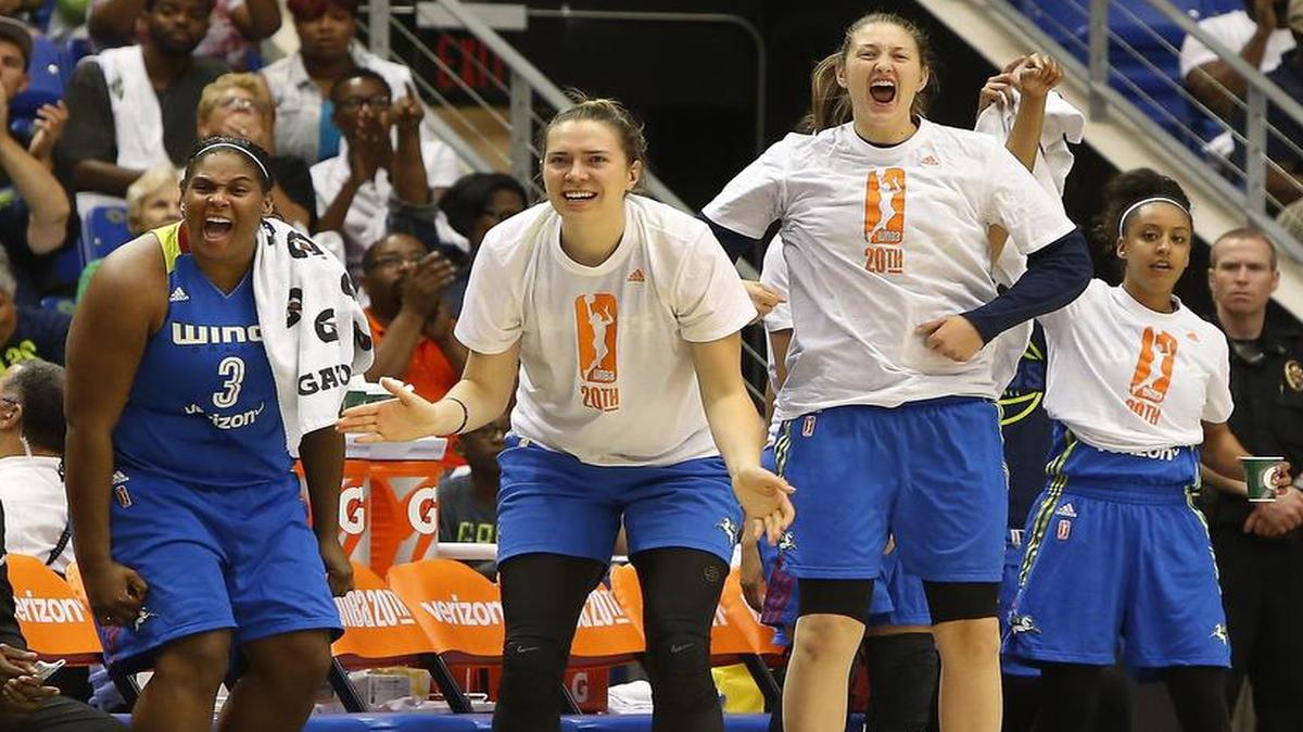 The Dallas Wings bench celebrates a three-pointer against the Phoenix Mercury in the second half of a WNBA game at College Park Center in Arlington, Texas, Tuesday, June 21, 2016. The Wings won 100-90.