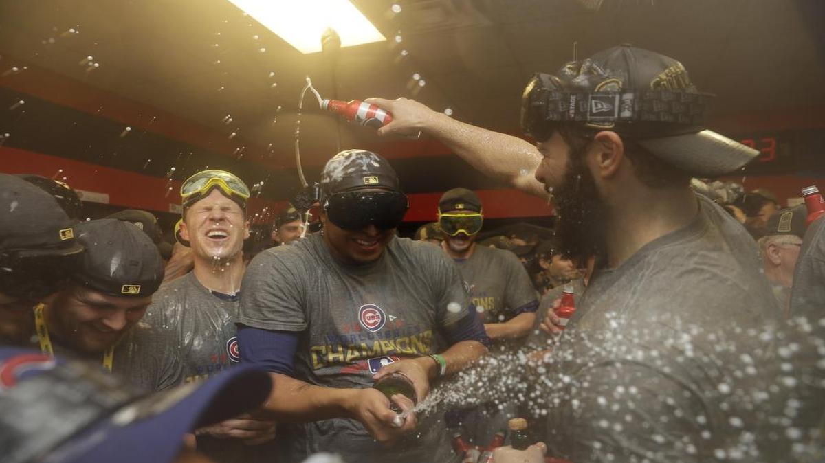 Chicago Cubs celebrate winning the World Series.