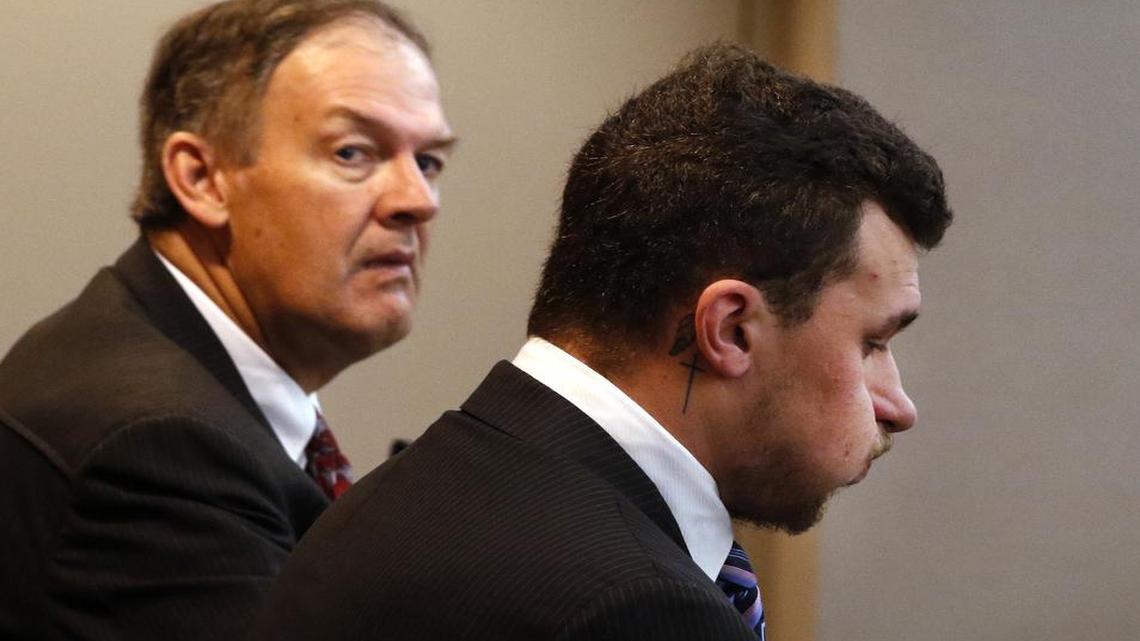 Defense attorney Jim Darnell, left, waits with former Texas A&M and Cleveland Browns quarterback Johnny Manziel on Thursday, Nov., 17, 2016 before a hearing in Dallas County Criminal Court.