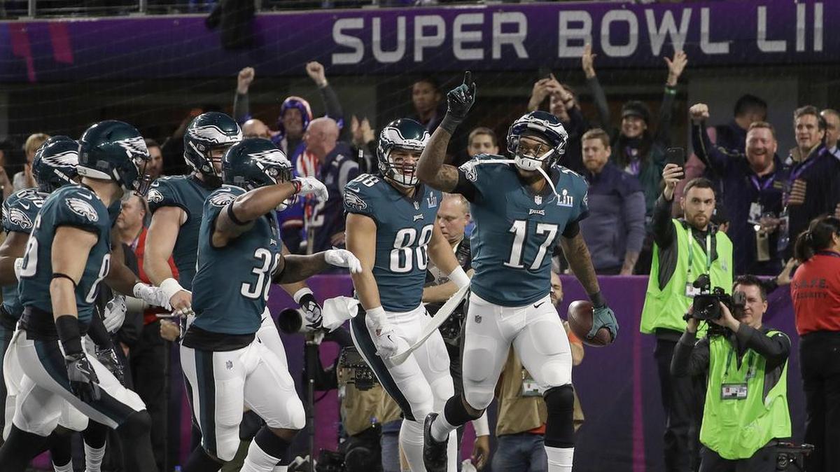 Philadelphia Eagles’ Alshon Jeffery celebrates his touchdown catch during the first quarter of Super Bowl 52 against the New England Patriots in Minneapolis.