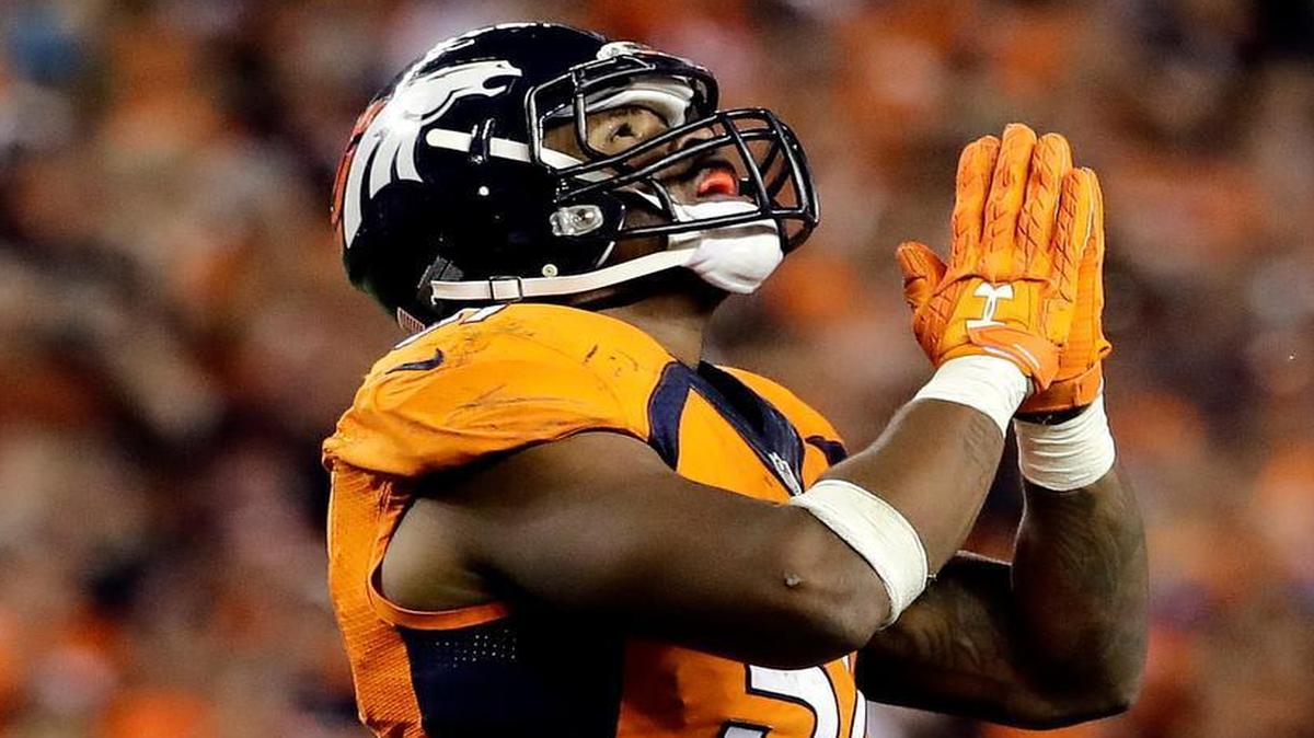 Denver Broncos outside linebacker Von Miller celebrates his sack against the Carolina Panthers during the second half of the NFL season opener on Thursday, in Denver. The Broncos won 21-20.