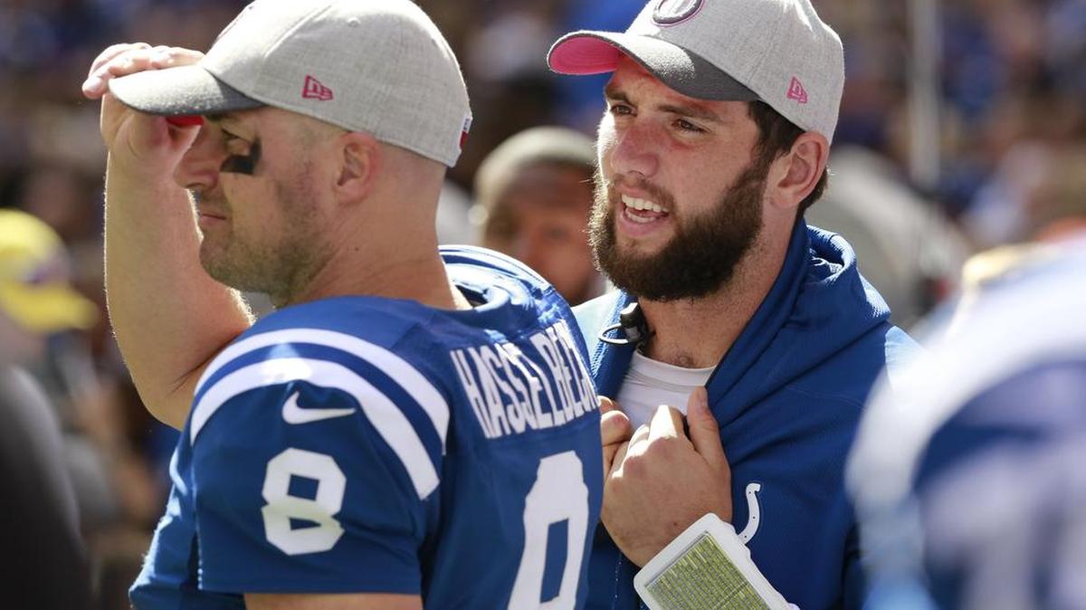 
The Colts will go with Andrew Luck, right, at quarterback if the pain from his shoulder injury can be managed. The 40-year-old Matt Hasselbeck, left, also is questionable for Thursday’s game against the Houston Texans with an illness.


